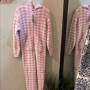 SKIMS Pink and White Houndstooth Jumpsuit